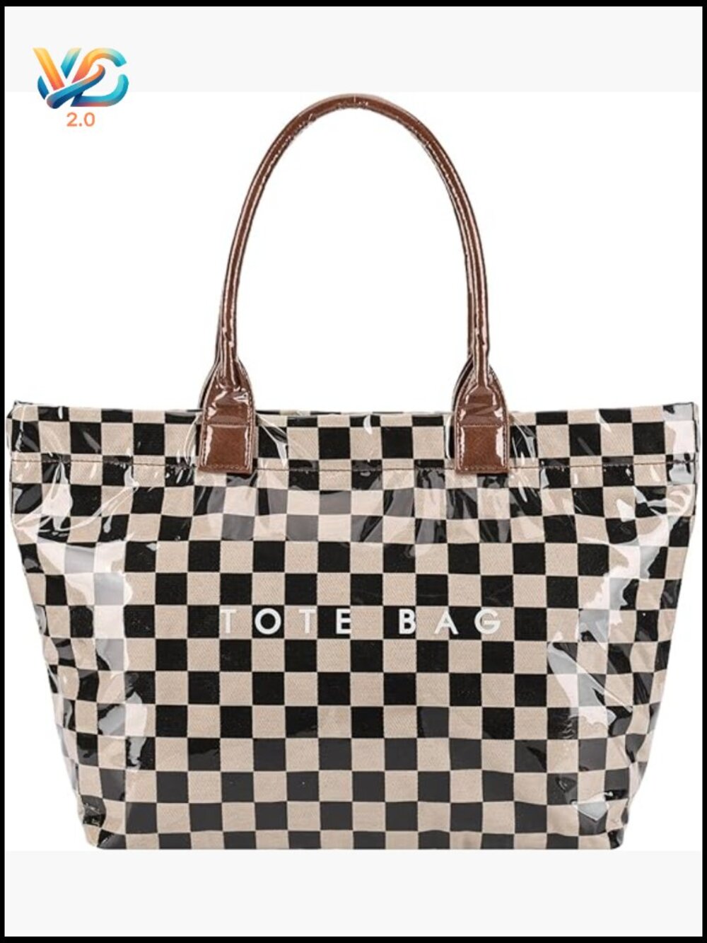 Clear PVC Tote Bag with Zipper Checkered Print Large Hobo Purse Work Travel